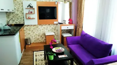 a living room with a purple couch and a table at Grafen House in Istanbul