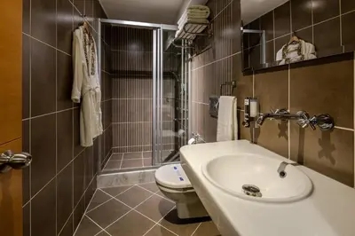 a bathroom with a sink and a toilet and a shower at Parkhouse Hotel & Spa in Istanbul