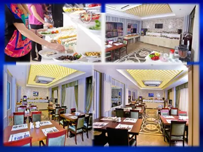 two pictures of a restaurant with tables and chairs at Taksim Star Hotel in Istanbul