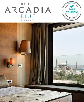 a bedroom with a bed and a window with a view of a city at Hotel Arcadia Blue Istanbul in Istanbul