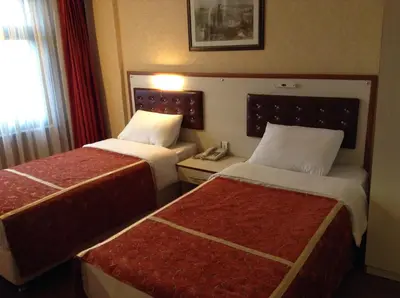 a hotel room with two beds and a phone at Tayhan Hotel in Istanbul