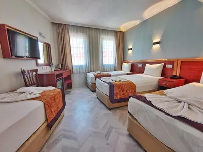 a hotel room with three beds and a flat screen tv at Orient Mintur Hotel in Istanbul