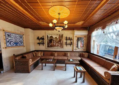 a living room with a couch and a table at Saruhan Hotel in Istanbul