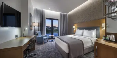a hotel room with a bed and a desk and a television at Holiday Inn Istanbul - Tuzla Bay by IHG in Istanbul