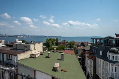 an aerial view of a city with a green roof at Osmanhan Hotel in Istanbul