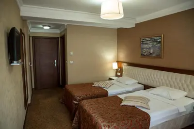 a hotel room with two beds and a television at Yuksel Hotel in Istanbul