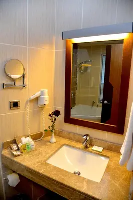 a bathroom with a sink and a mirror and a tub at Hotel Hegsagone Marine Asia in Gebze
