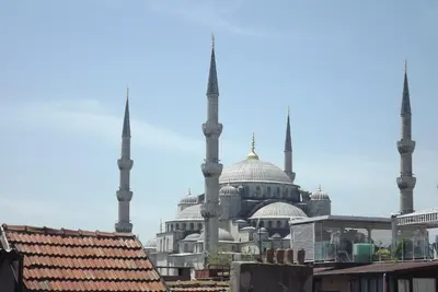 a view of a mosque with two blue domes and buildings at Side Hotel in Istanbul
