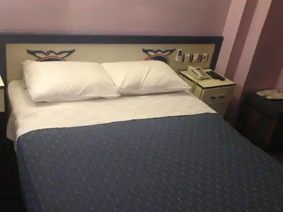 a bedroom with a bed with a blue and white comforter at Hotel Akkus in Istanbul