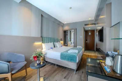 a hotel room with a large bed and a couch at The Tango Hotel İstanbul in Istanbul