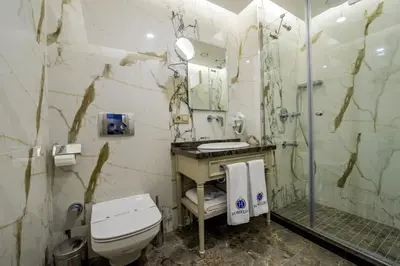 a bathroom with a toilet and a sink and a shower at Homelike Hotel in Istanbul