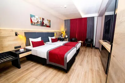 a hotel room with a large bed and a piano at Ramada Encore by Wyndham Gebze in Gebze
