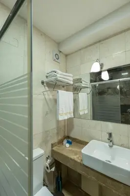 a bathroom with a sink and a toilet and a mirror at Bursa Grand Family HOTEL in Bursa