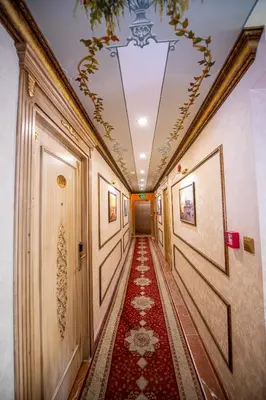 a hallway with a red carpet and a ceiling at Kaftan Hotel in Istanbul