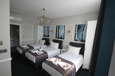 a hotel room with two beds and a chandelier at Hotel Naumpasa Konagi in Istanbul