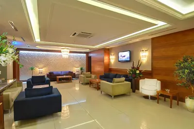 a lobby with couches and chairs and a television at Tugcu Hotel Select in Bursa