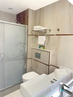 a bathroom with a shower and a toilet and a sink at Gulec Hotel & Spa - Special Category in Istanbul