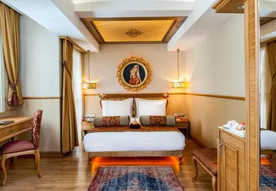 a hotel room with a bed and a desk at Hotel Sultania Boutique Class in Istanbul