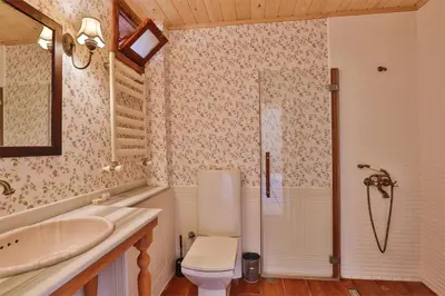 a bathroom with a toilet and a sink and a shower at Tranquilla River Lodge in Agva