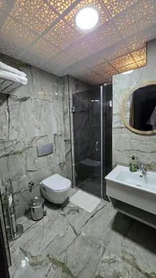 a bathroom with a shower and a toilet and a sink at Hotel Pera Capitol - Taksim & İstiklal in Istanbul
