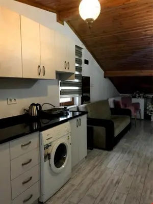 a kitchen with a washing machine and a living room at Taksim Sem House in Istanbul