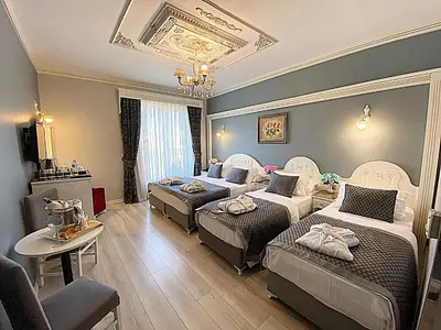 a bedroom with two beds and a living room at Gülhanepark Hotel & Spa in Istanbul