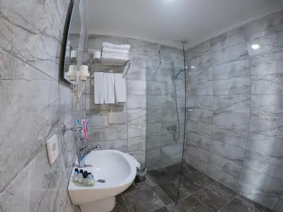 a bathroom with a shower and a toilet and a sink at Seher HOTEL in Istanbul