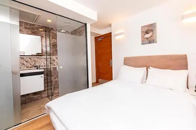 a bedroom with a large white bed and a shower at Neda in Istanbul