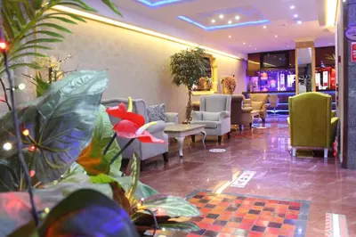 a lobby with chairs and tables and plants at Hermanos Hotel in Istanbul