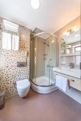 a bathroom with a shower and a toilet and a sink at Senabil Hotel Old City & Spa in Istanbul