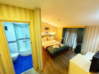 a bedroom with a bed and a bathroom with a tub at Hotel Novano in Istanbul