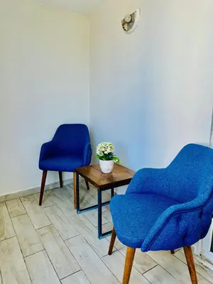 two blue chairs and a table in a room at Sirkeci Quietness Hotel in Istanbul
