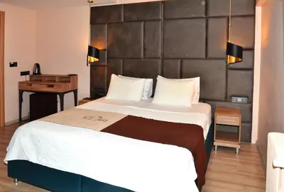 a bedroom with a large bed and a desk at Hotel Davos Istanbul in Istanbul