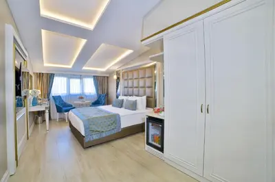 a bedroom with a bed and a desk in a room at Büke Hotel Şişli in Istanbul