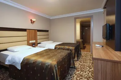 a hotel room with two beds and a flat screen tv at Balturk Hotel Sakarya in Sakarya