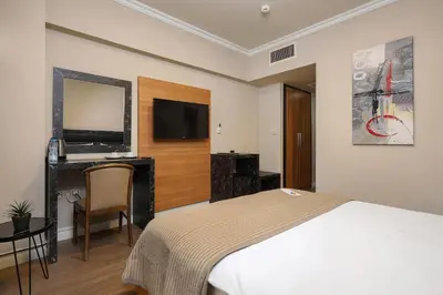 a bedroom with a bed and a desk and a television at New Balturk Hotel Izmit in Kocaeli