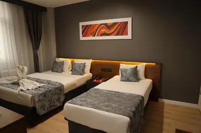 a hotel room with two beds and a table at Turkuaz Hotel in Gebze