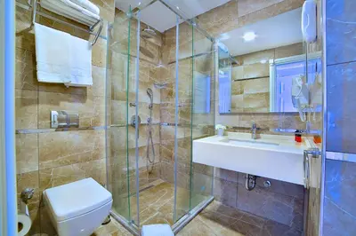 a bathroom with a shower and a toilet and a sink at Beethoven Hotel & Suite in Istanbul