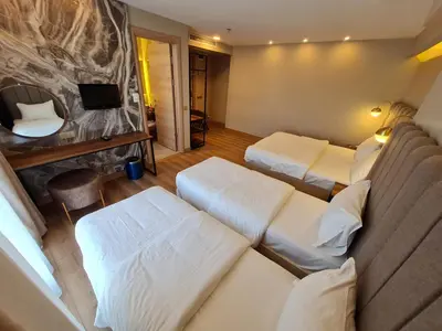 a hotel room with two beds and a tv at Air Boss Istanbul Airport and Fair Hotel in Istanbul