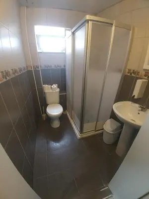 a bathroom with a toilet and a shower and a sink at Antique Hostel in Istanbul