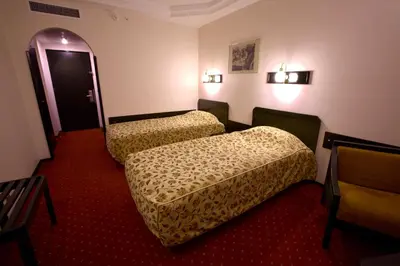 a hotel room with two beds and a red carpet at Istanbul Royal Hotel in Istanbul