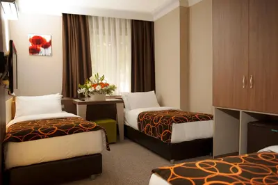 a hotel room with two beds and flowers in it at Birbey Hotel in Istanbul