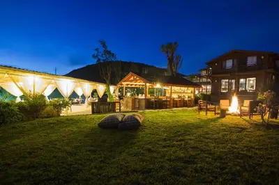 a house with lights on a yard at night at Agva Greenline Guesthouse (Adult Only +12) in Agva