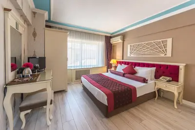 a hotel room with a bed and a desk and a bed sidx sidx sidx sidx at Viva Deluxe Hotel in Istanbul