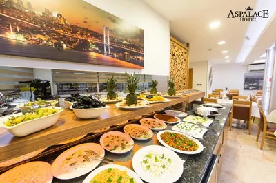 a buffet line with many plates of food at Aspalace Hotel The Istanbul Old City in Istanbul