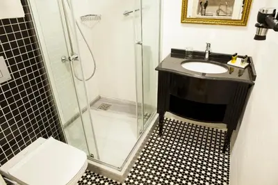 a bathroom with a shower and a sink and a toilet at Meroddi Pera Flats in Istanbul
