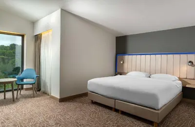a bedroom with a bed and a desk and a chair at Park Inn by Radisson Istanbul Airport Odayeri in Istanbul