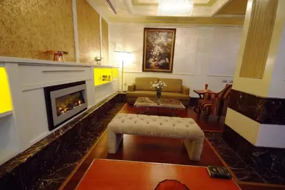a living room with a couch and a fireplace at Dareyn Hotel in Istanbul