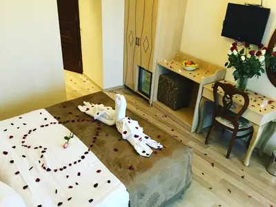 a room with a bed and a table and a fireplace at Sultan Palace Hotel in Istanbul