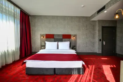 a hotel room with a large bed with red carpet at A11 Hotel Atasehir in Istanbul